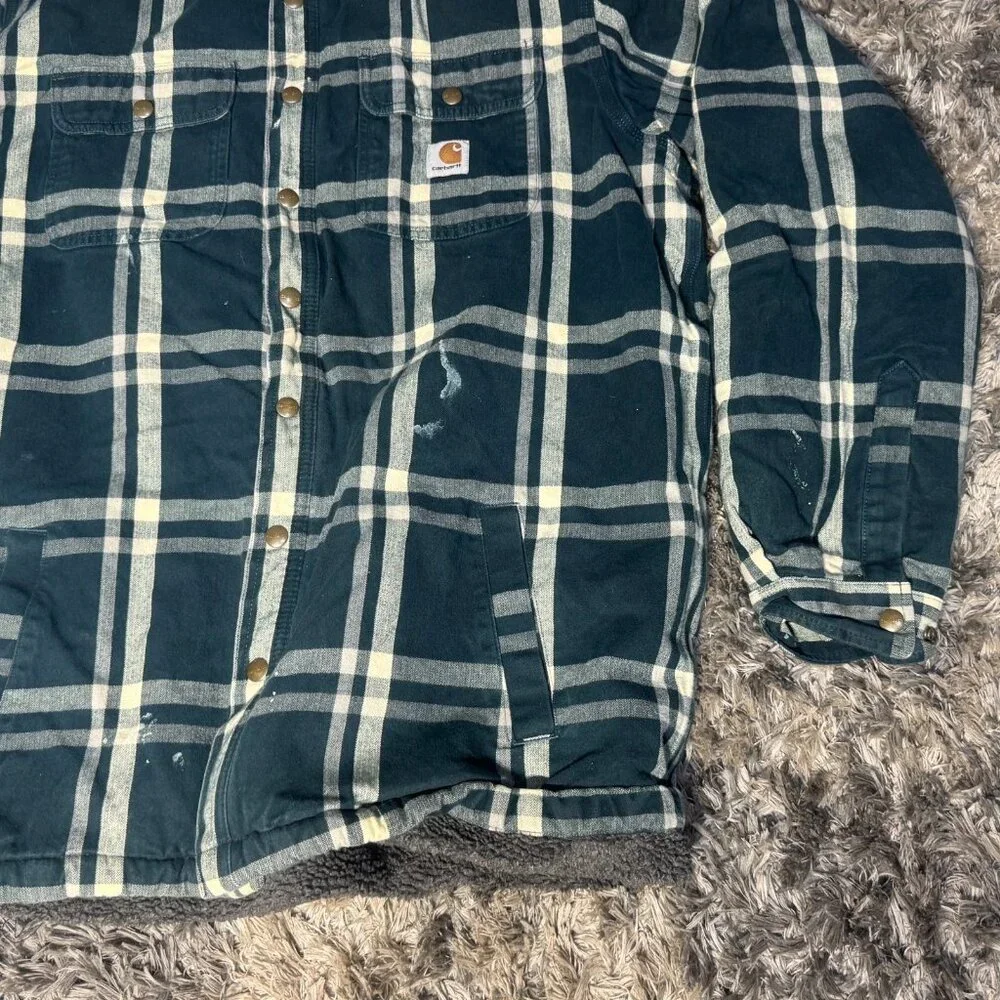 Vtg Size XL Carhartt Men Ink Green Flannel Sherpa Lined Plaid Snap‎ Front Jacket
